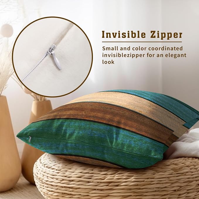 Brown Green Throw Pillow Covers Set of 2, Wood Board 16x16 Inch Cotton Square Reversible Pillow Case for Home Decor Sofa Soft Cushion Cases for Bedroom Couch Bed Car Chair