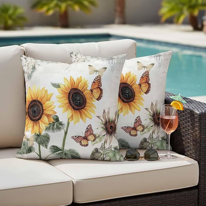 Sunflower Outdoor Waterproof Throw Pillow Covers Set of 2, 24"x24", Farmhouse Rustic Retro Summer Floral Butterfly Decorative Pillow Covers Outside Cushion Case for Patio Porch Garden