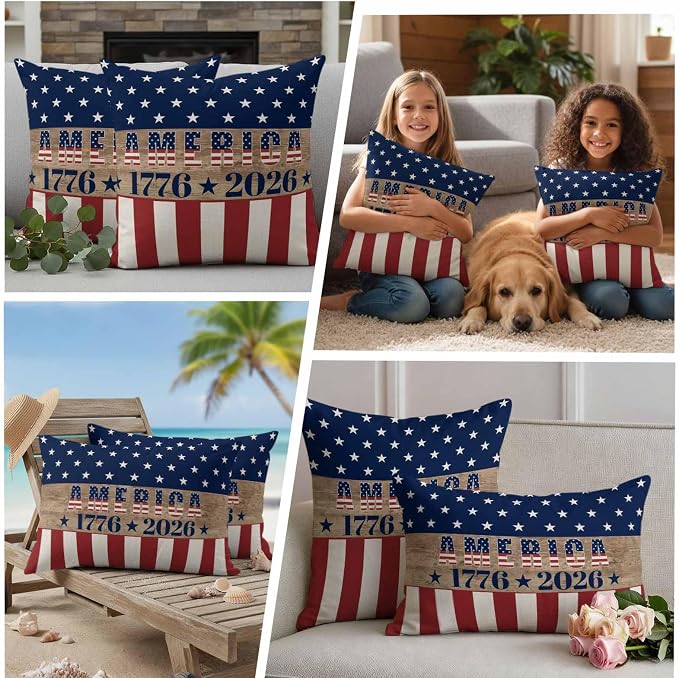 250th Anniversary Outdoor Pillow Covers 26"x26" Set of 2, Waterproof Throw Pillow Covers for Patio Furniture, USA Flag Red Striped Blue Star Retro Decorative Cushion Covers for Porch