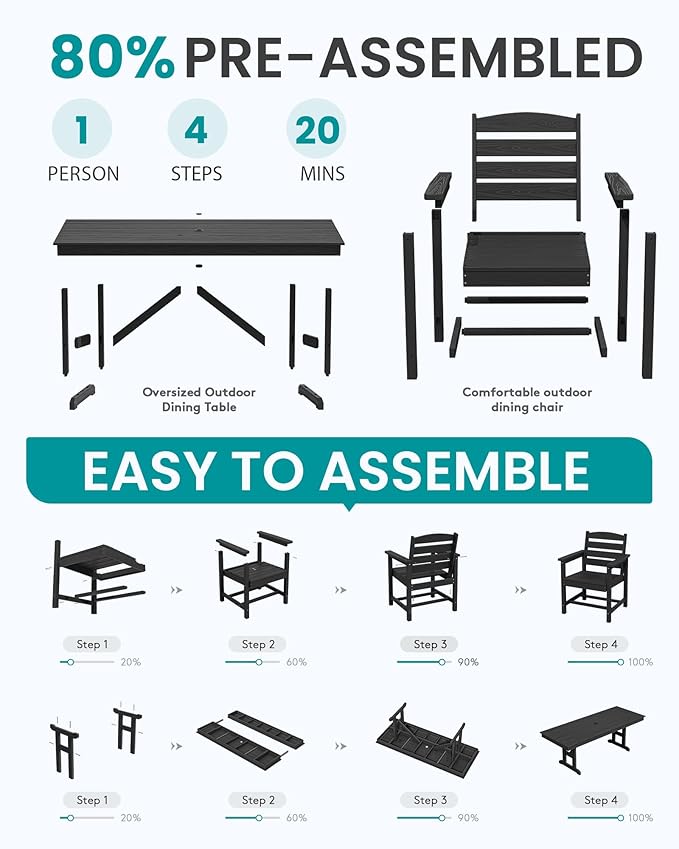 SERWALL Outdoor Dining Chairs Set of 2, All-Weather HDPE Patio Chair with 19.7" Widened Seat, for Backyard, Garden, Black