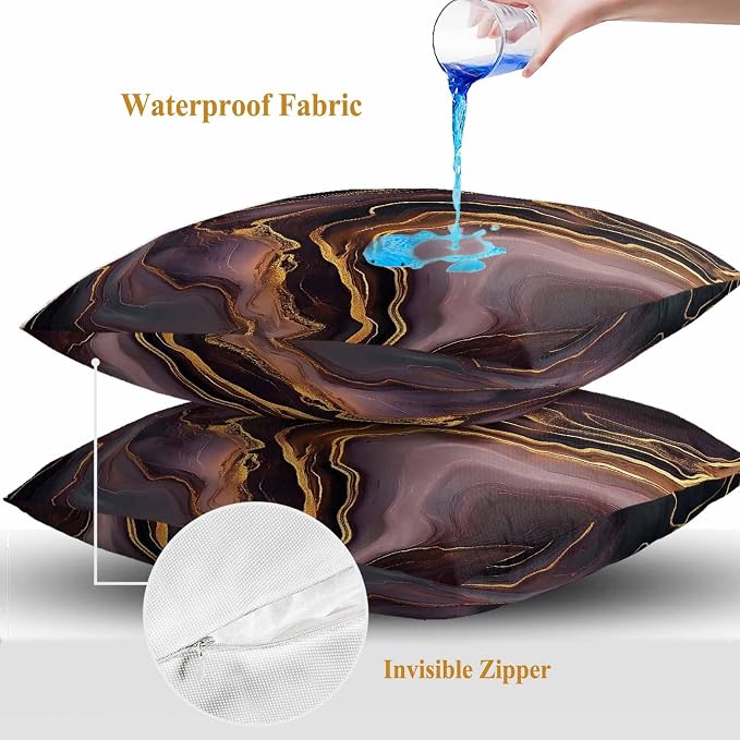 Abstract Marble Texture Outdoor Waterproof Throw Pillow Covers Set of 2, 18"x18", Purple Gold Waves Art Decorative Pillow Covers Outside Cushion Case for Patio Porch Garden