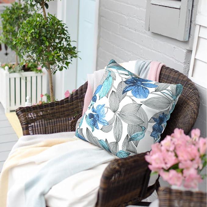 Outdoor Pillows for Patio Furniture 18x18 inch, Square Outdoor Throw Pillows with Inserts, Decorative Toss Pillows for Garden Couch Home Sofa Office Chair, Pack of 2, Clemens Noir Blue