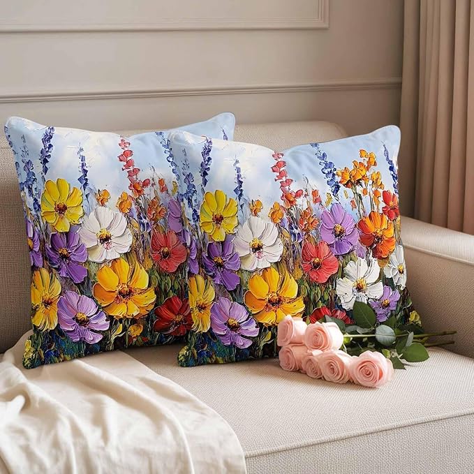 Vintage Wildflowers Waterproof Outdoor Pillow Covers Set of 2 Home Decor, Rustic Oil Painted Abstract Botanical Pillowcase Patio Pillow Covers for Couch Bench Furniture Garden 20x20in