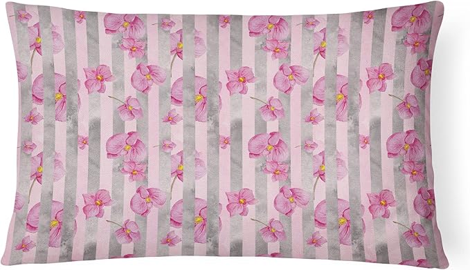 Caroline's Treasures BB7502PW1216 Watercolor Pink Flowers Grey Stripes Canvas Fabric Decorative Pillow Machine Washable, Indoor Outdoor Decorative Pillow for Couch, Bed or Patio, 12HX16W