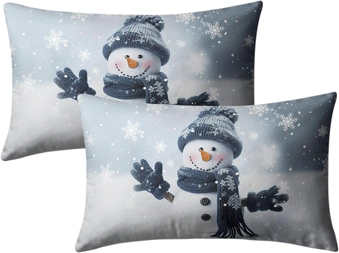 Navy Blue Snowman Lumbar Pillow Covers 12x20 Set of 2 Winter Holiday Rectangle Throw Pillow Covers Snowman Snowflakes Waist Cotton Blend Pillow Case for Christmas Decor Couch Living Room