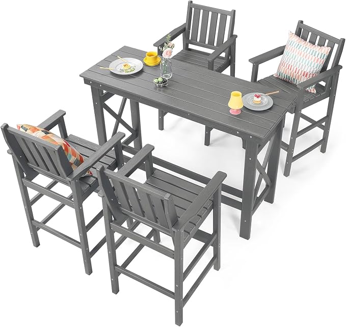 5-Piece HDPE Patio Bar Set, Rectangular Bar Height Table and 4 Adirondack Bar Chairs, Weatherproof Outdoor Bar Stools Set, Outdoor Bar Table and Chairs Set for Deck, Balcony, Pool, Smoke Gray