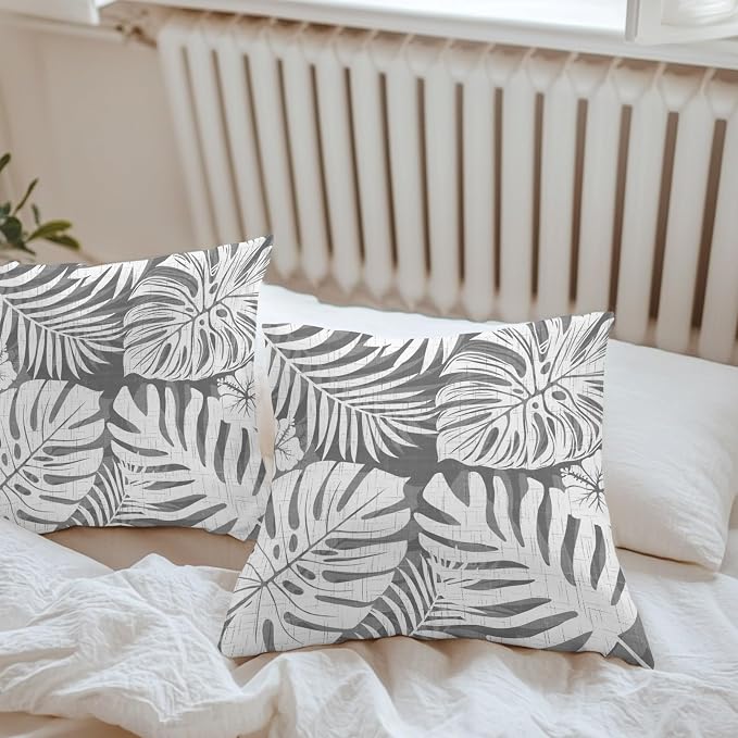 Grey Palm Leaves Outdoor Pillow Covers 16"x16" Set of 2, Tropical Botanical Modern Minimalist Waterproof Throw Pillow Covers for Patio Furniture, Decorative Cushion Covers for Porch