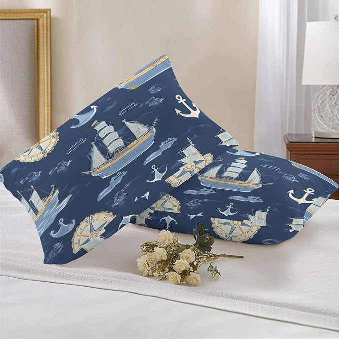 Coastal Boat on Navy Blue Outdoor Pillow Covers 20x12in Pack of 2 Waterproof Pillowcase Nautical Ocean Compass Anchor Decorative Throw Cushion Case for Patio Couch Sofa