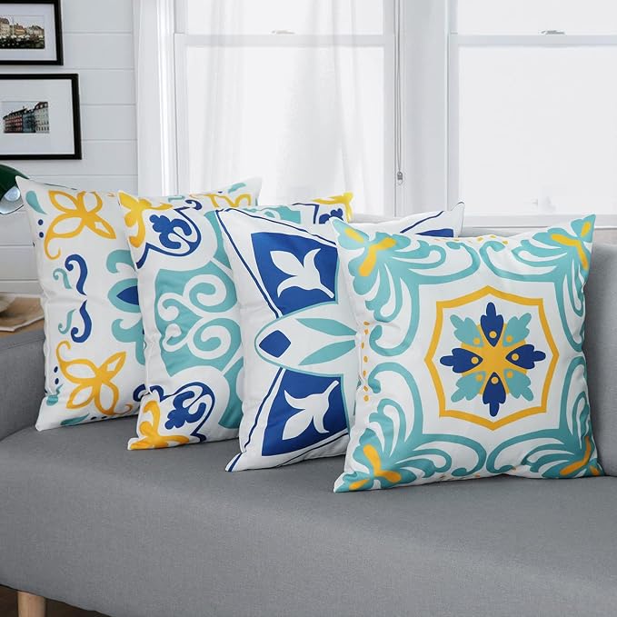 Pyonic Outdoor Waterproof Throw Pillow Covers Set of 4 Floral Printed and Boho Farmhouse Outdoor Pillow Covers for Patio Funiture Garden 20x20 Inch Blue