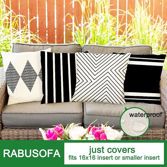 Outdoor Pillows Covers 16x16 Waterproof,Black and Beige Set of 4(No Insert) | for Covered Patio Furniture Couch Sunbrella,No Insert Just Covers,Durable Polyester,Fit 16x16 inch Inserts or Smaller,Boho
