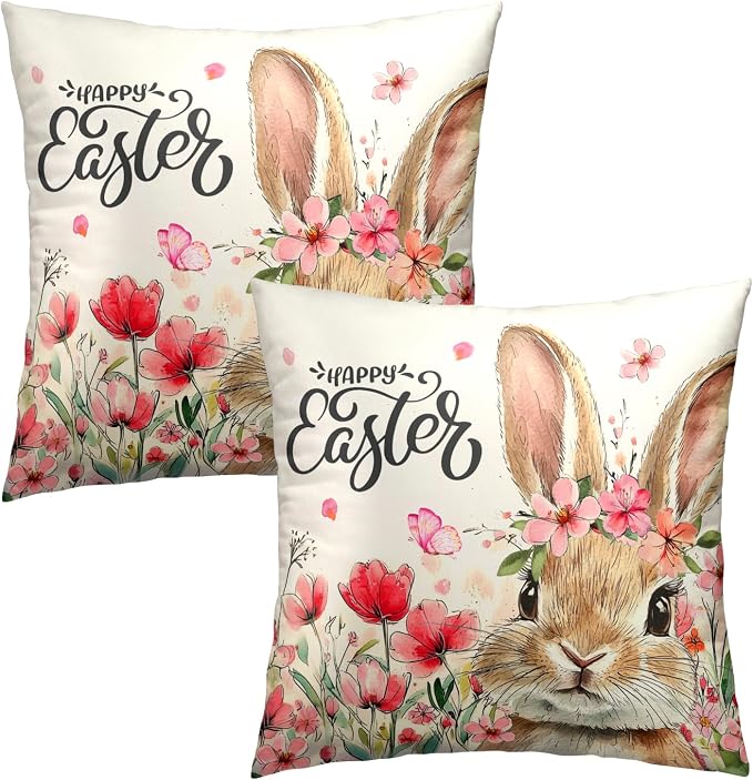Easter Bunny Throw Pillow Covers 20x20 Inch, Pack of 2 Tulip Floral Cute Rabbit Pillowcases Square Soft Cotton Cushion Cover for Couch Sofa Bed Outdoor Indoor Holiday Home Decor