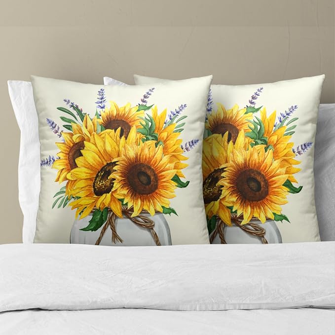 Sunflower Vase Throw Pillow Cover 22x22 Inches Yellow Floral Bright Summer Flowers Lavender Botanica Square Pillowcases Outdoor Sofa Bed Decor Cushion Covers for Home