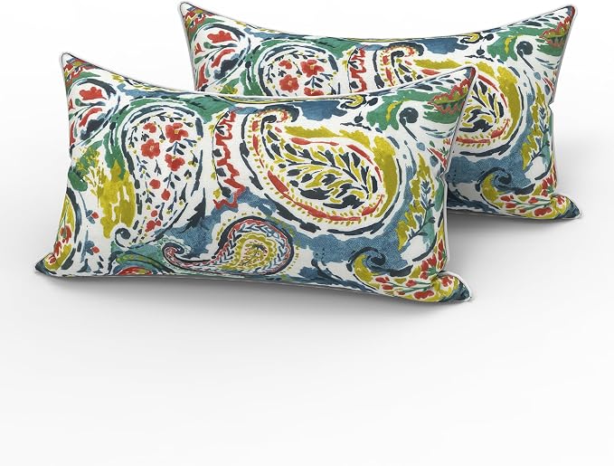 LVTXIII 2 Pack Outdoor Lumbar Pillows 12x20 Inch with White Piping, Fade Resistant Support Throw Pillows with Inserts for Patio Furniture, Sofa, Chair, Paradise Paisley