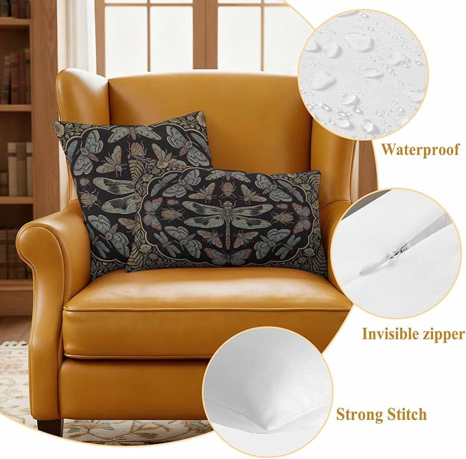 Vintage Dragonfly Outdoor Waterproof Throw Pillow Covers 16 x 16 Inches Set of 2 Butterfly Moth Insects Summer Black Decorative Cushion Cover Pillowcase for Garden Patio Tent Beach Sofa Couch