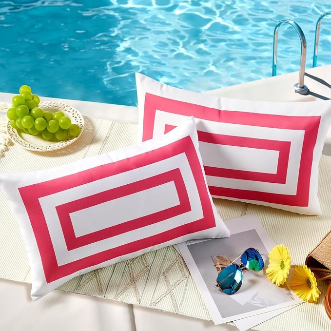 JOJOGOGO 12x20 Hot Pink Frame Outdoor Lumbar Pillow Covers Waterproof & Sunproof Set of 2, White and Pink Outdoor Decorative Lumbar Throw Pillows for Patio Furniture and Porch Decor(Without Inserts)