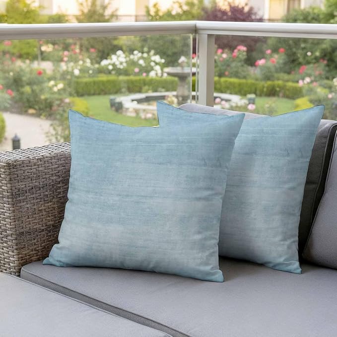 Vandarllin Outdoor Throw Pillows Covers 24x24 inch Set of 2 Waterproof Sky Blue Linen Decorative Zippered Cushion Covers for Patio Furniture, Solid Color Texture Lumbar Pillowcases