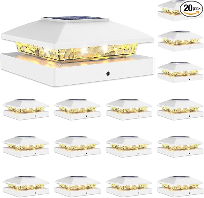 VOLISUN 20 Pack White Solar Post Cap Lights Fit 4x4 Fence Deck Post | Waterproof outdoor lighting, warm white glow, fits wooden & vinyl 4x4 posts, solar powered for yard patio fence deck