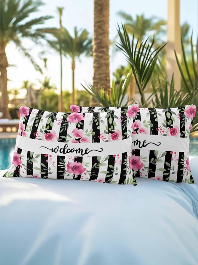 Outdoor Waterproof Throw Pillows Welcome Words Pink Flowers Patio Pillows Pack of 2,Decorative Pillow Covers with Insert,Pillow Cushion Case for Garden Couch Sofa Country Black Line