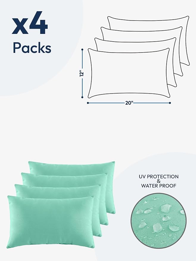 Indoor Outdoor Lumbar Pillows,Waterproof Outdoor Pillows Set of 4 for Patio Furniture,12×20 Inch, Aqua Blue