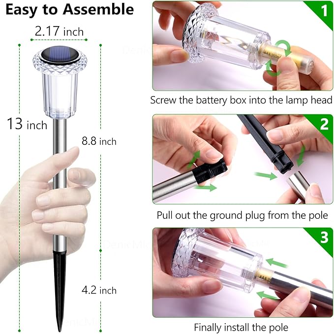 DenicMic Solar Lights Outdoor Waterproof 10 Pack Pathway Lights Cool White | Stake Lights for Yard Garden Driveway Walkway Outside Landscape Path Lights, Auto On/Off 6000K LED, Stainless Steel Pole