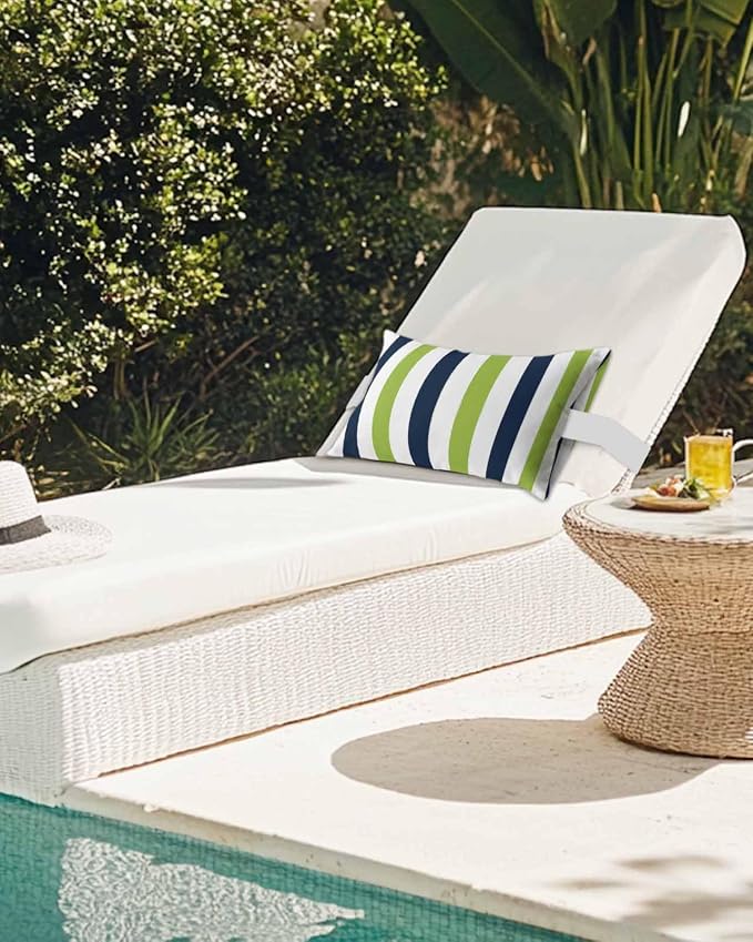 Pack of 4 Outdoor Lumbar Pillow Covers 12x20 Inch, Green Navy Blue Striped Waterproof Throw Pillow Covers Set, Farmhouse Stripe Art Indoor&Outdoor Decorative Cushion Cases for Patio Porch Beach