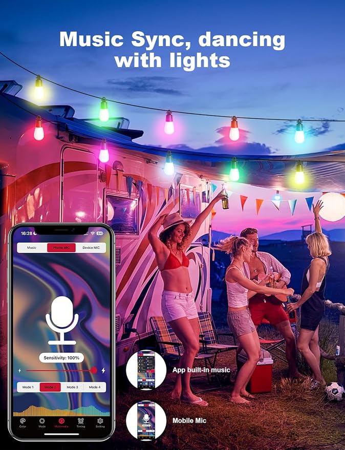 Outdoor String Lights 18 LED Bulbs, 64(52+12) ft RGB+IC+Warm White | APP Control with Remote，Outdoor Lights Music Sync for Garden Party Decor Christmas, NOT Extendable