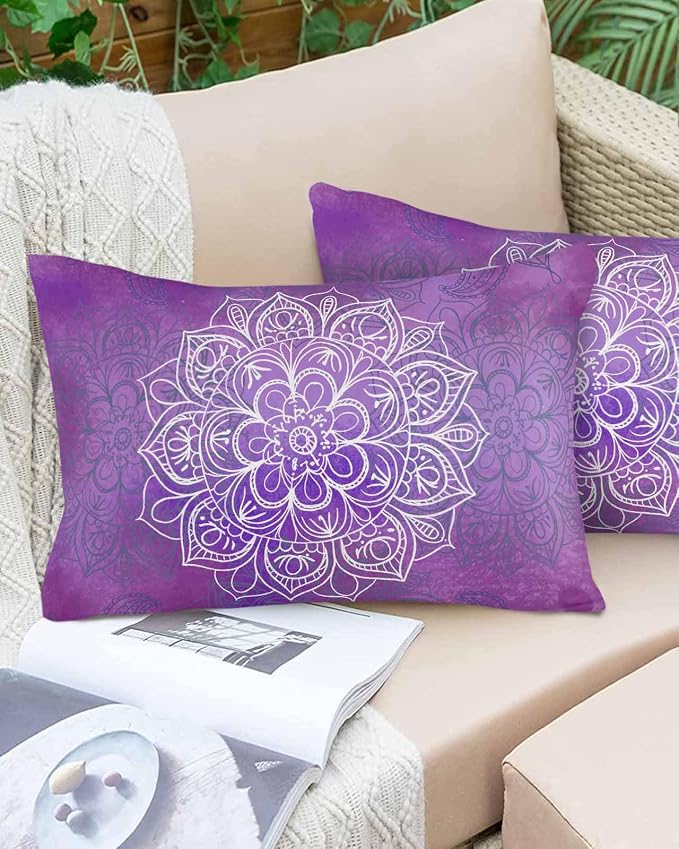 Vandarllin Outdoor Throw Pillows Covers 20x12 inch Set of 2 Waterproof Purple Boho Floral Decorative Zippered Cushion Covers for Patio Furniture, Bohemian Flower Lumbar Pillowcases