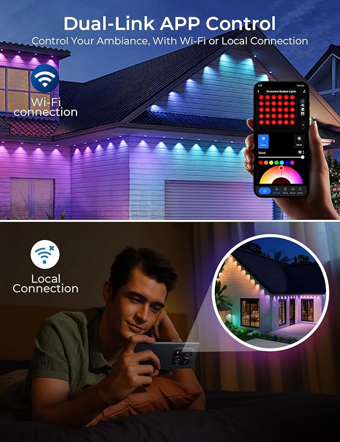 CINOTON Permanent Outdoor Lights 100ft, Smart RGBW+IC Eaves Lights with 60LEDs, IP67 Waterproof, 111 Scene Modes for Daily and Festival, Halloween Christmas Holiday Decor, APP/Voice/Remote Control