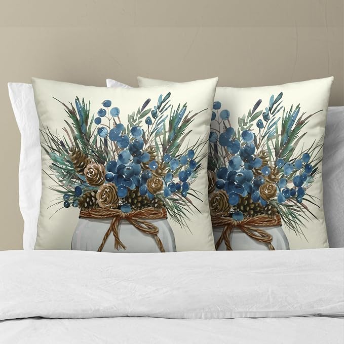 Christmas Throw Pillow Covers 22x22 Set of 2, Natural Winter Cones and Needles Pinecones Mason Jar Decorative Pillowcases Cotton Cushion Cover for Home Room Bed Sofa Couch Chair