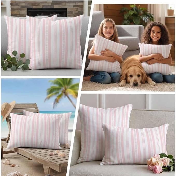 Pink Striped Outdoor Waterproof Pillow Covers, Farmhouse Stripes Modern Geometric Decorative Square Throw Pillowcase Sofa Cushion Sham for Patio/Couch/Chair, 24"x24" 2 Pack