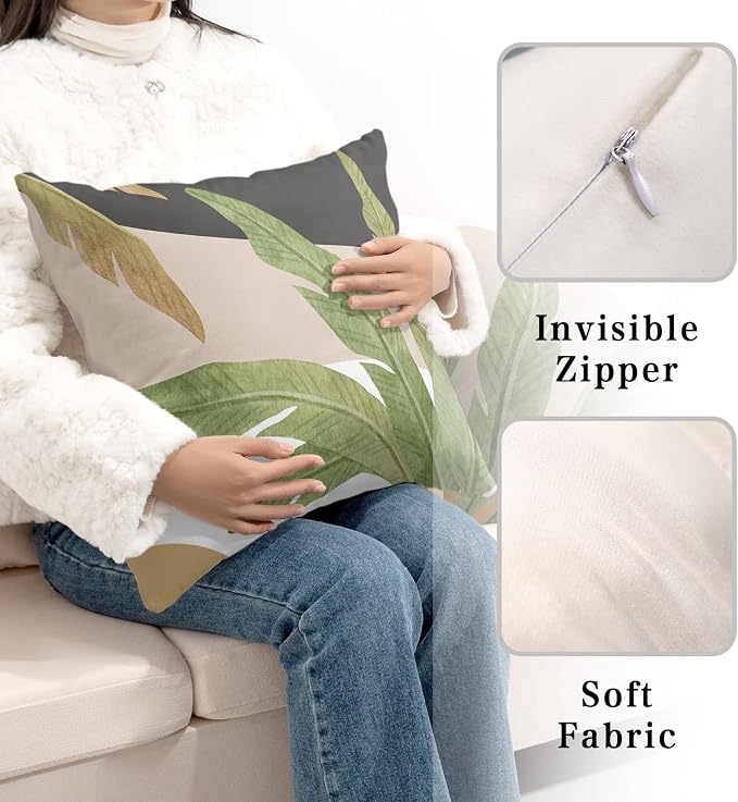 Tropical Green Leaves Throw Pillow Covers Set of 2 Palm Tree Cushion Cases Jungle Banana Leaves Pillow Case 24x24 for Sofa Bed Living Room