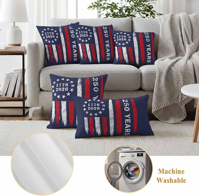 250 Years America Outdoor Pillow Covers 16"x16" Set of 2, Waterproof Throw Pillow Covers for Patio Furniture, USA 250th Anniversary Red White Blue Decorative Cushion Covers for Porch