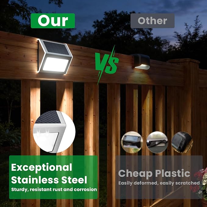 JSOT Solar Lights Perfect for Deck, Fence, Stair, Step Decor-Cool White-8P | Stainless Steel, Waterproof, Solar Powered, Garden, Patio, Deck Rail