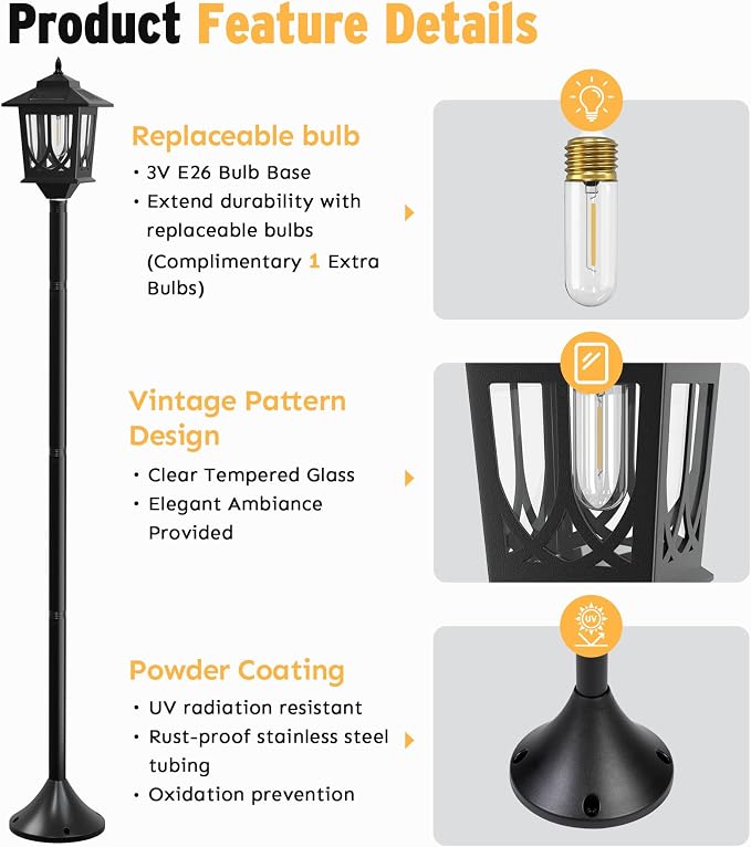 63" Solar Lamp Post Light 2 Pack, Solar Post Lights Outdoor | Garden Decor, 1 Extra Bulbs, Warm 3000K Glow, IP44 Water-Resistant, Solar Light Posts for Outside, Patio, Backyard and Porch