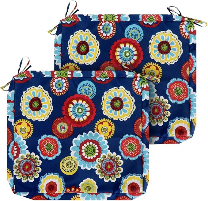 Magpie Fabrics Indoor Outdoor Cushion Cover Replacement 2 Pack, NO Insert! Water Repellent Slipcover with Ties Decor for Patio Garden Chair Sofa Bench Wicker(Floral Navy, 22x20x4 Inch)