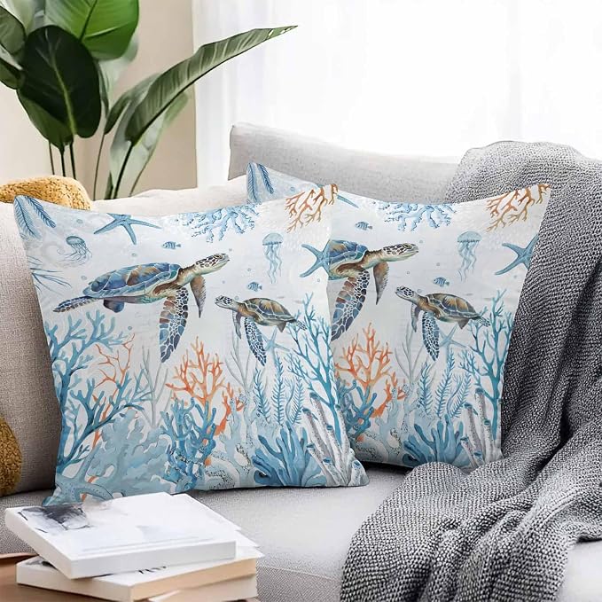 Sea Turtle Outdoor Pillow Covers Pack of 2, Teal Blue Ocean Beach Coastal Waterproof Pillow Covers Underwater Animal Throw Pillowcase for Patio Funiture Garden Tent, 26 x 26 inch