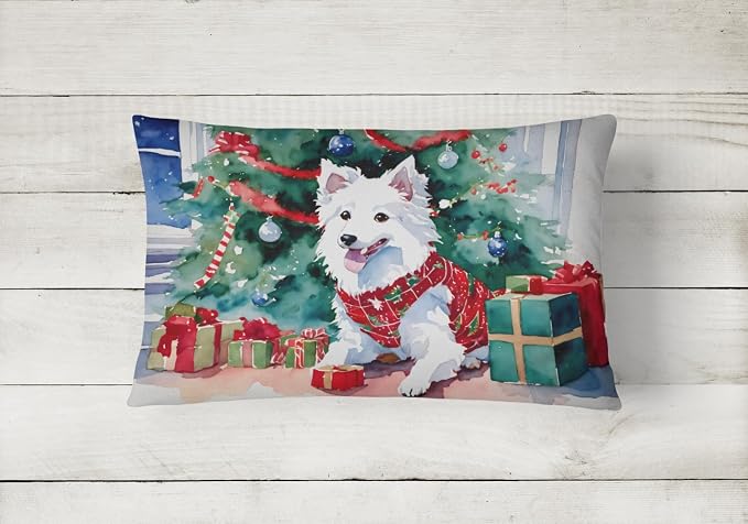 Caroline's Treasures DAC2685PW1216 Japanese Spitz Cozy Christmas Throw Pillow Machine Washable, Indoor Outdoor Decorative Pillow for Couch, Bed or Patio, 12HX16W
