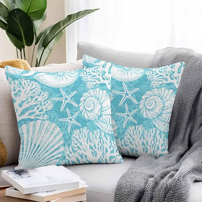 Outdoor Pillow Covers 20x20 Inch Set of 2, Teal Starfish Coastal Waterproof Throw Pillow Covers, Summer Coral Shell Beach Nautical Decorative Cushion Pillowcases for Couch, Sofa, Bed, Garden, Patio