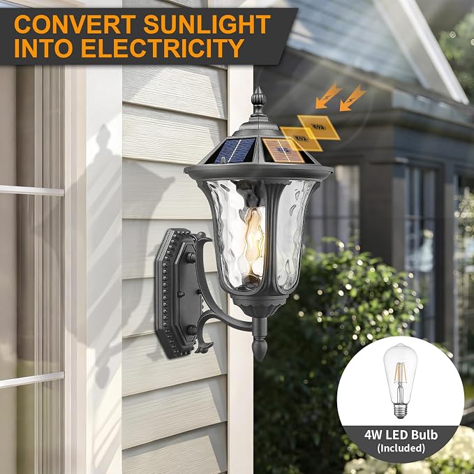 Outdoor Light Fixtures Wall Mount Dusk to Dawn Solar Exterior Wall Sconce Lanterns Remote Control with Water Ripple Glass Lamp Shade for Patio Yard House Hallway, 17'' Medium Black
