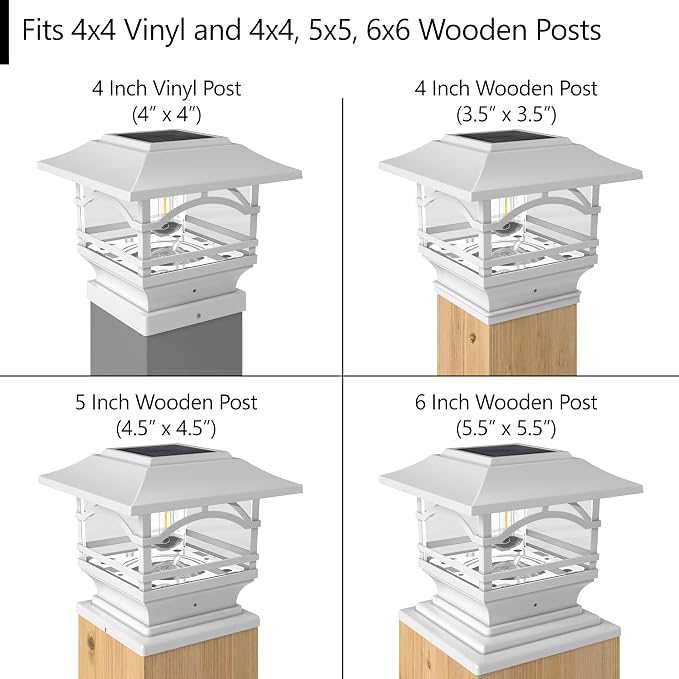 Edison Solar Outdoor Post Cap Lights - 4x4 5x5 6x6 - Bright LED Light for Fence Deck Garden or Patio Posts - Pearl White (2 Pack) | Pearl White, fence/deck/garden/patio posts, diecast aluminum & glass, bright 30lm warm white LED, auto-on, 8h, cordless,...