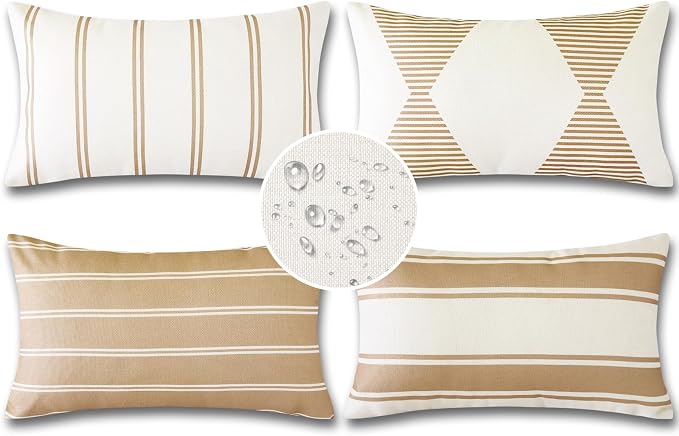 OTOSTAR Outdoor Decorative Pillow Covers Waterproof Garden Throw Pillow Covers 12x20 Inch Cushion Case Geometry Throw Pillowcases Pillows Shell for Patio Furniture Couch Tent Pack of 4 (Light Coffee)