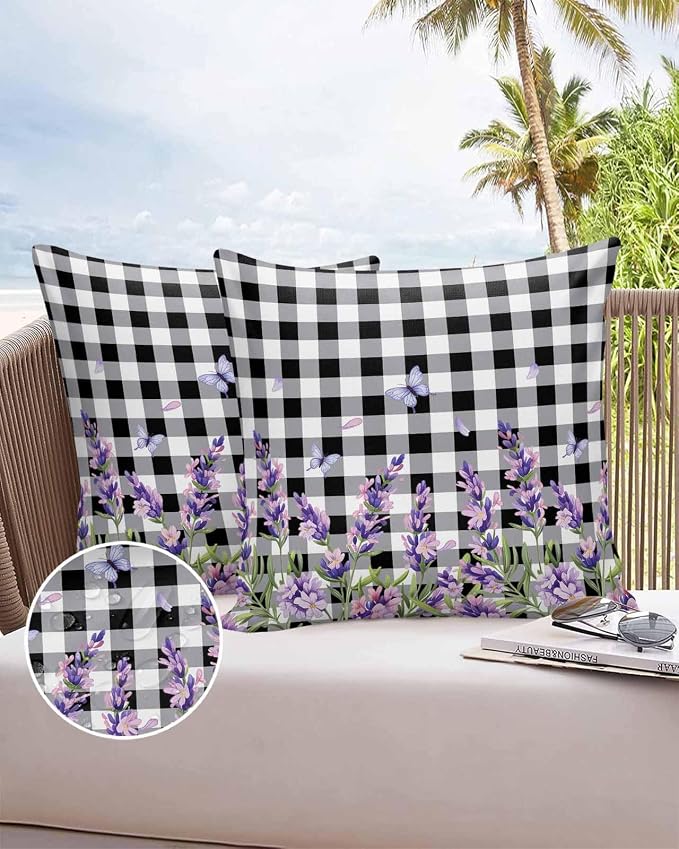 Vandarllin Outdoor Throw Pillows Covers 16x16 inch Set of 2 Waterproof Purple Lavender Flower Decorative Zippered Cushion Covers for Patio Furniture, Butterfly Black Buffalo Plaid Lumbar Pillowcases