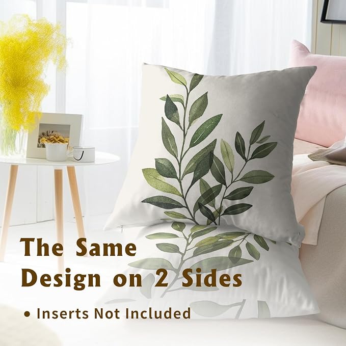 Sage Green Leaf Pillow Covers 18x18 Inch – Pack of 2 Rustic Spring Summer Plants Leaves Cotton Hidden Zipper Pillowcases for Couch Sofa Chair Bed Porch Farmhouse Home Decor