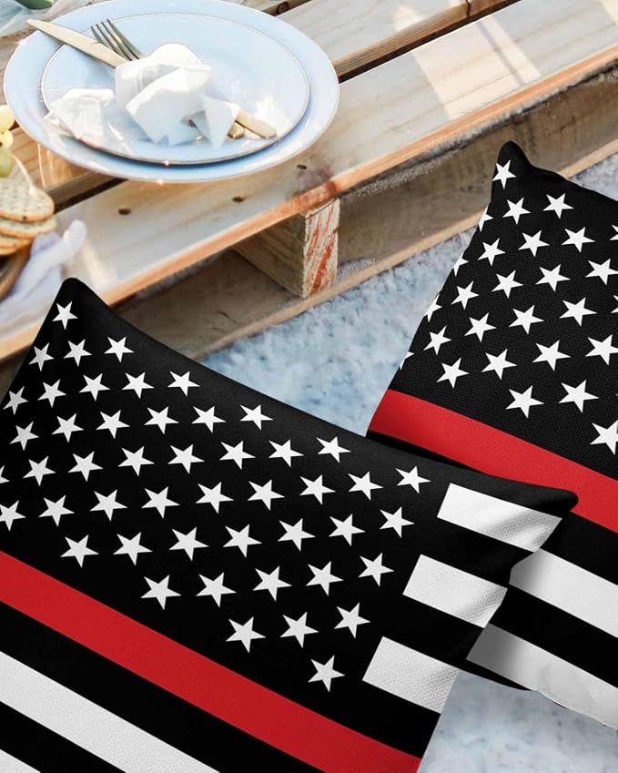 Outdoor Waterproof Pillow Covers Set of 2, Thin Red Line Flags American Firefighter Red Stripes Flag Patio Throw Pillow Covers, Decorative Cushion Case for Couch Sofa Furniture Garden, 20x20 Inch