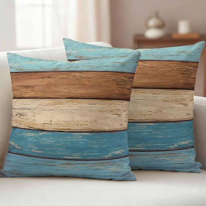 Farmhouse Light Blue Brown Outdoor Waterproof Pillow Covers, Vintage Wooden Striped Decorative Square Throw Pillowcase Sofa Cushion Sham for Patio/Couch/Chair, 16"x16" 2 Pack