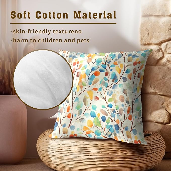 Boho Sage Floral Pillow Covers 16 x 16 Inches Set of 2,Colorful Botanical Flower Leaves Bohemian Cotton Linen Pillowcase for Sofa Couch Indoor Outdoor Party Home Decor