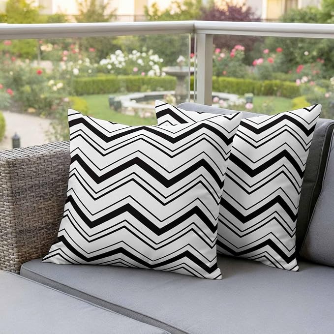 Abstract Geometric Outdoor Pillow Covers Set of 2 Ripple Stripe Chevron Black and White Waterproof Throw Pillow Cover Decorative Cushion Cases for Patio Porch Garden 20X20 Inch