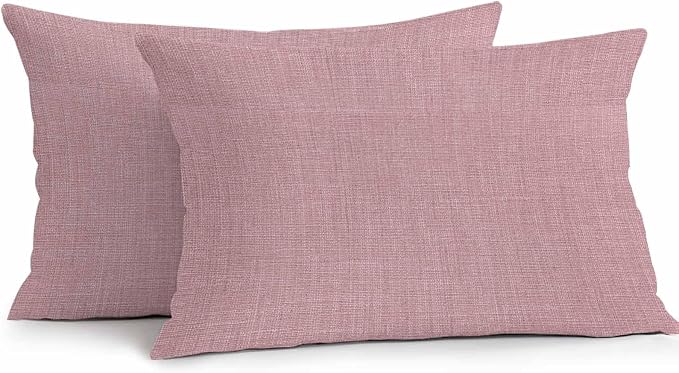 Vandarllin Outdoor Throw Pillows Covers 20x12 inch Set of 2 Waterproof Pink Linen Decorative Zippered Cushion Covers for Patio Furniture, Farmhouse Pure Color Lumbar Pillowcases