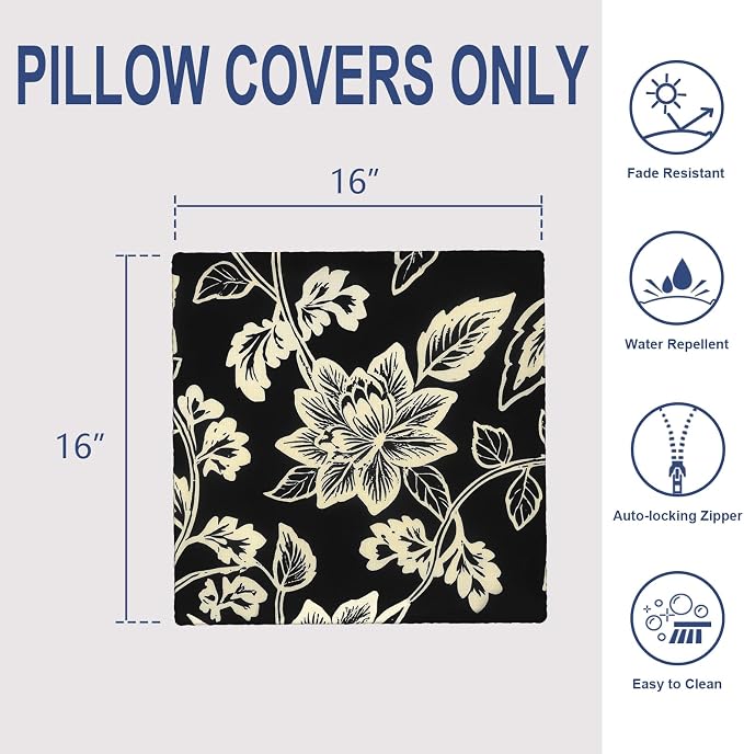 Outdoor 16x16 Inch Throw Pillow Covers Set of 2, Covers ONLY, All Weather Square Pillow Cases, Patio Cushion Pillow of Home Furniture Use, Elegant Vines Black