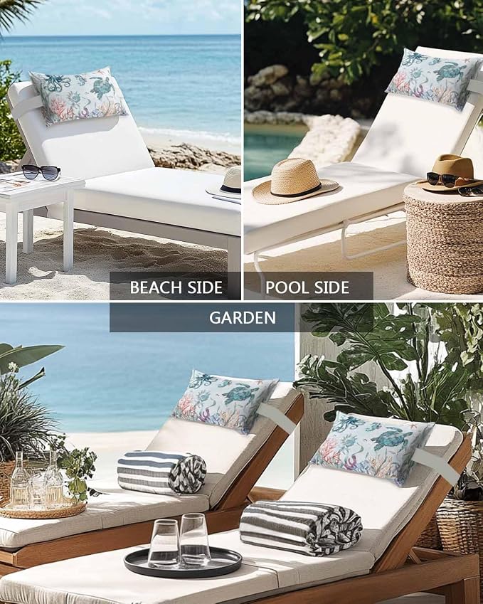 Sea Turtle Outdoor Pillows with Insert 11x16 Inch Marine Life Coral Shell Starfish Octopus Ocean Waterproof Headrest Pillows with Adjustable Strap Lounger Chair Throw for Patio Furnitures , 1 Pack